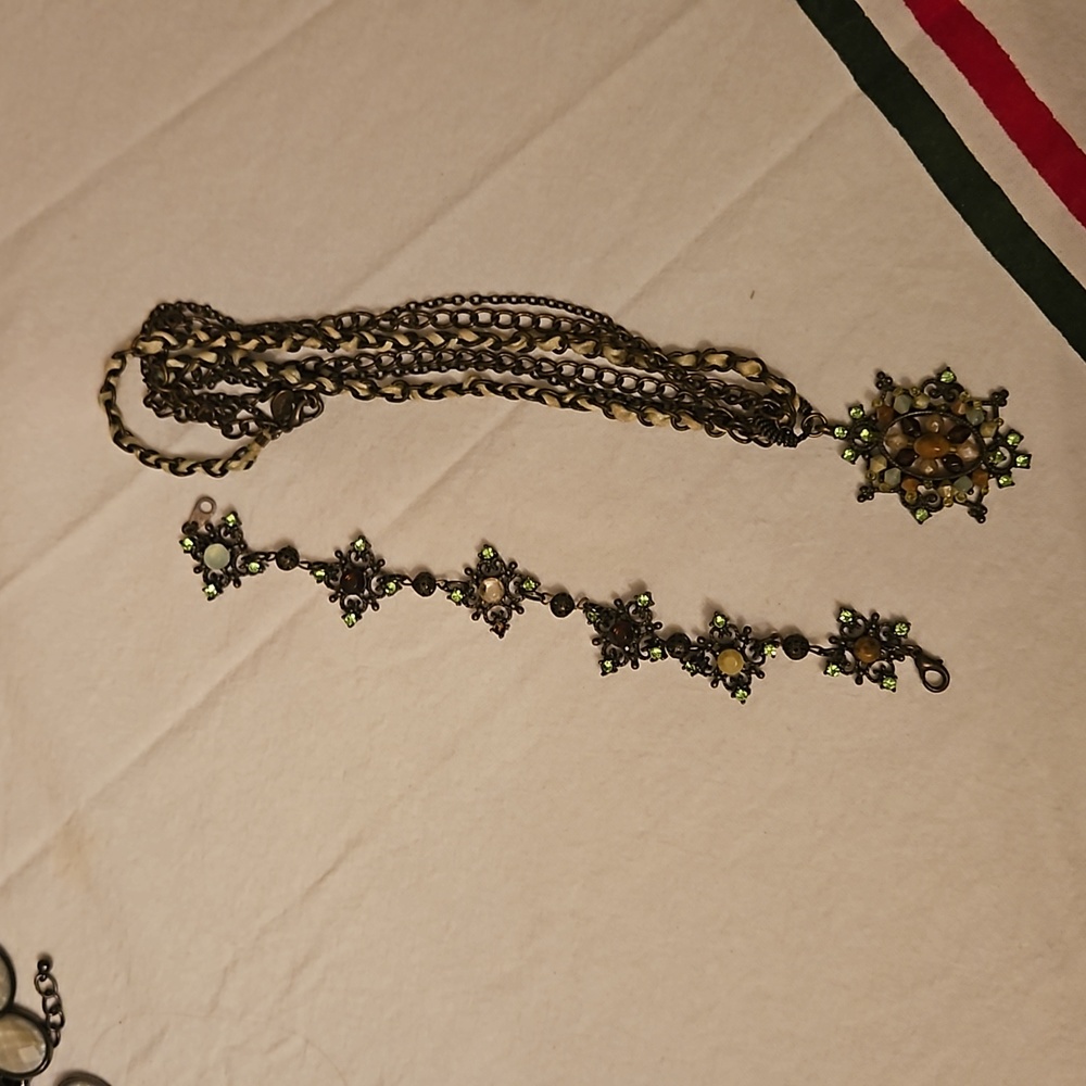 Lia Sophia necklace and bracelet set, green and brown